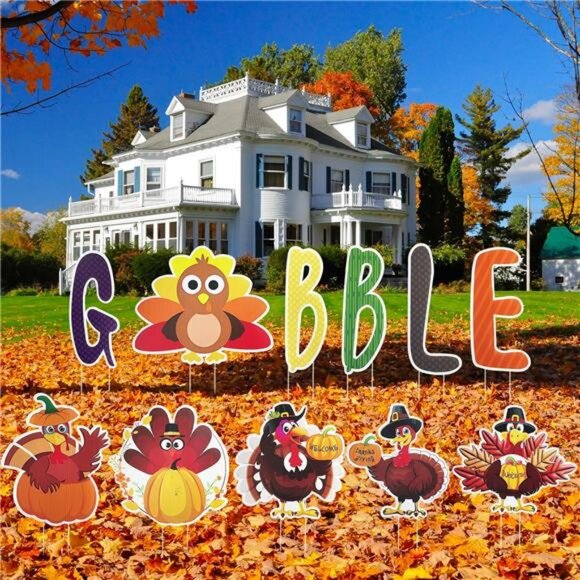 11 Pcs Thanksgiving Yard Signs Gobble Turkey Yard Signs with Stakes Fall - Picture 6 of 8